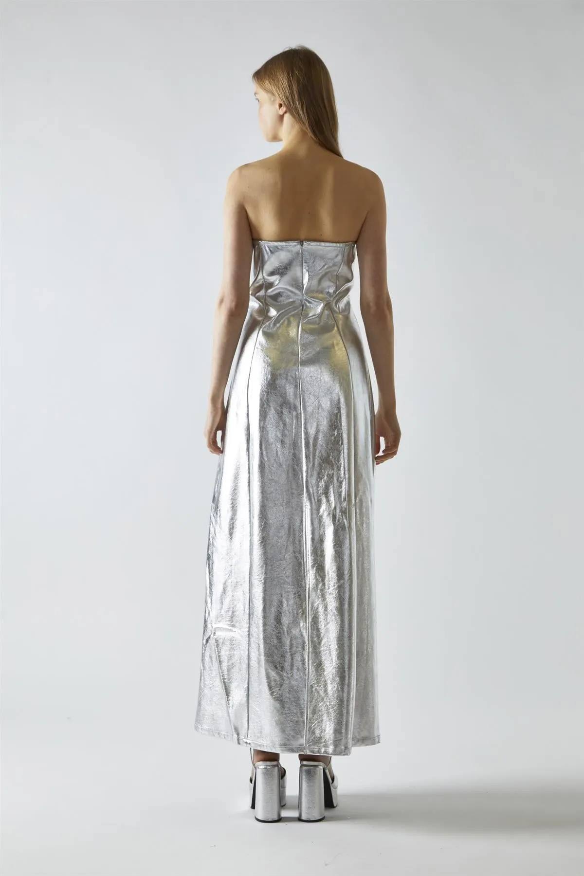 Silver-PU Bandeau Maxi-Dress