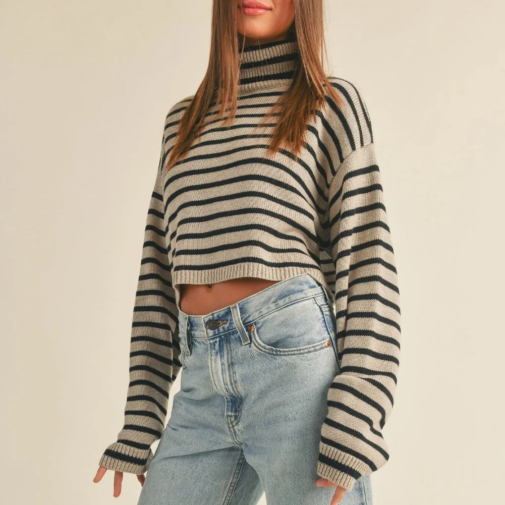 Stripe High Neck Oversize Crop Sweater