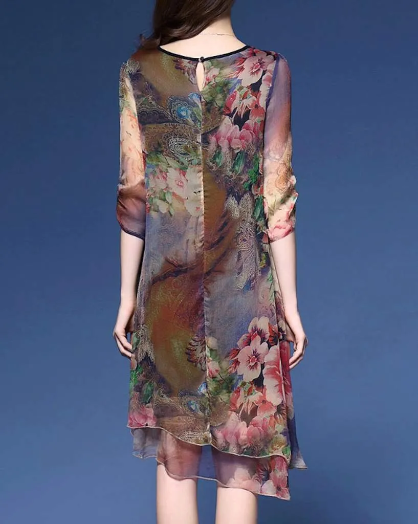 Summer Blossom: Women's Quarter Sleeve Floral Dress - Loose Fit Elegance