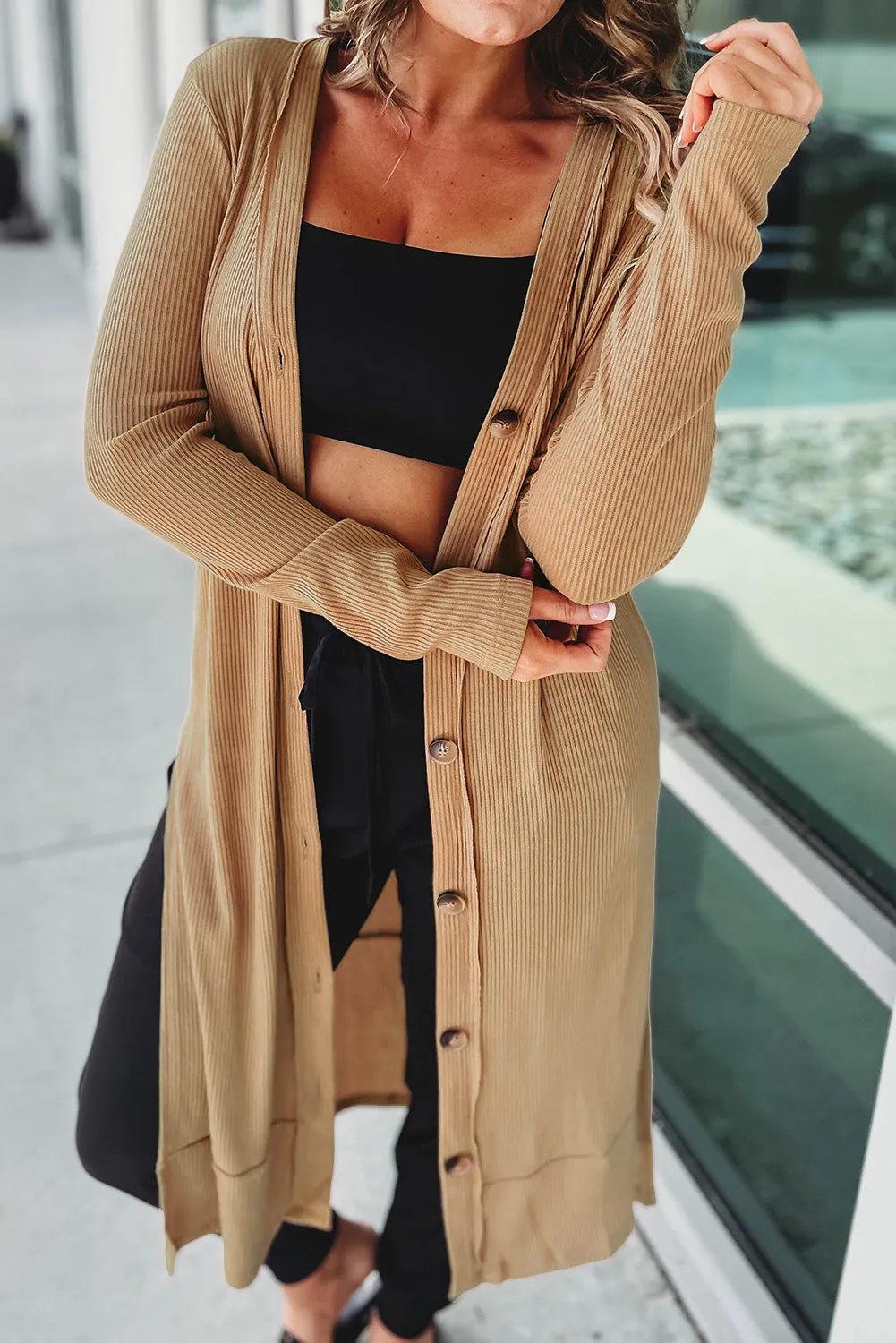 TEEK - Button Up High-Low Long Sleeve Slit Cardigan