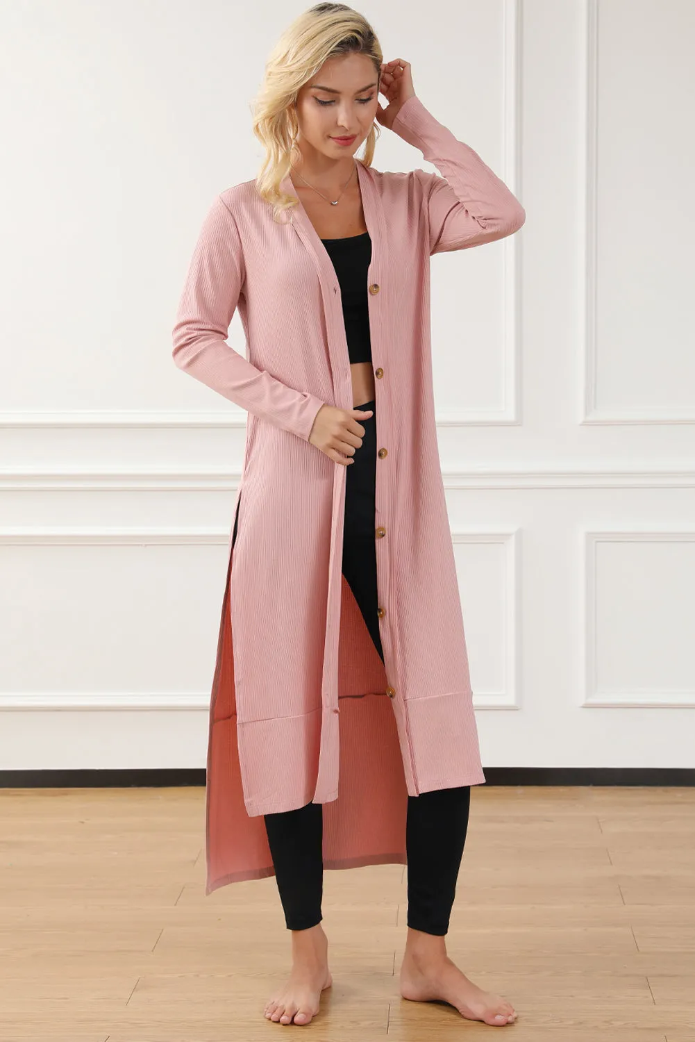 TEEK - Button Up High-Low Long Sleeve Slit Cardigan