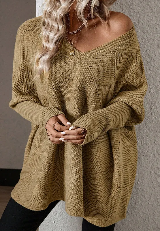 TEEK - Camel V-Neck Batwing Sleeve Sweater