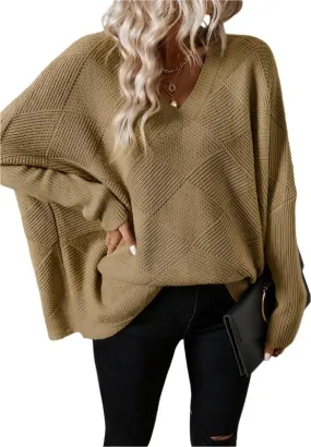 TEEK - Camel V-Neck Batwing Sleeve Sweater