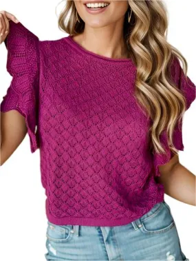 TEEK - Fuchsia Eyelet Ruffle Trim Sweater