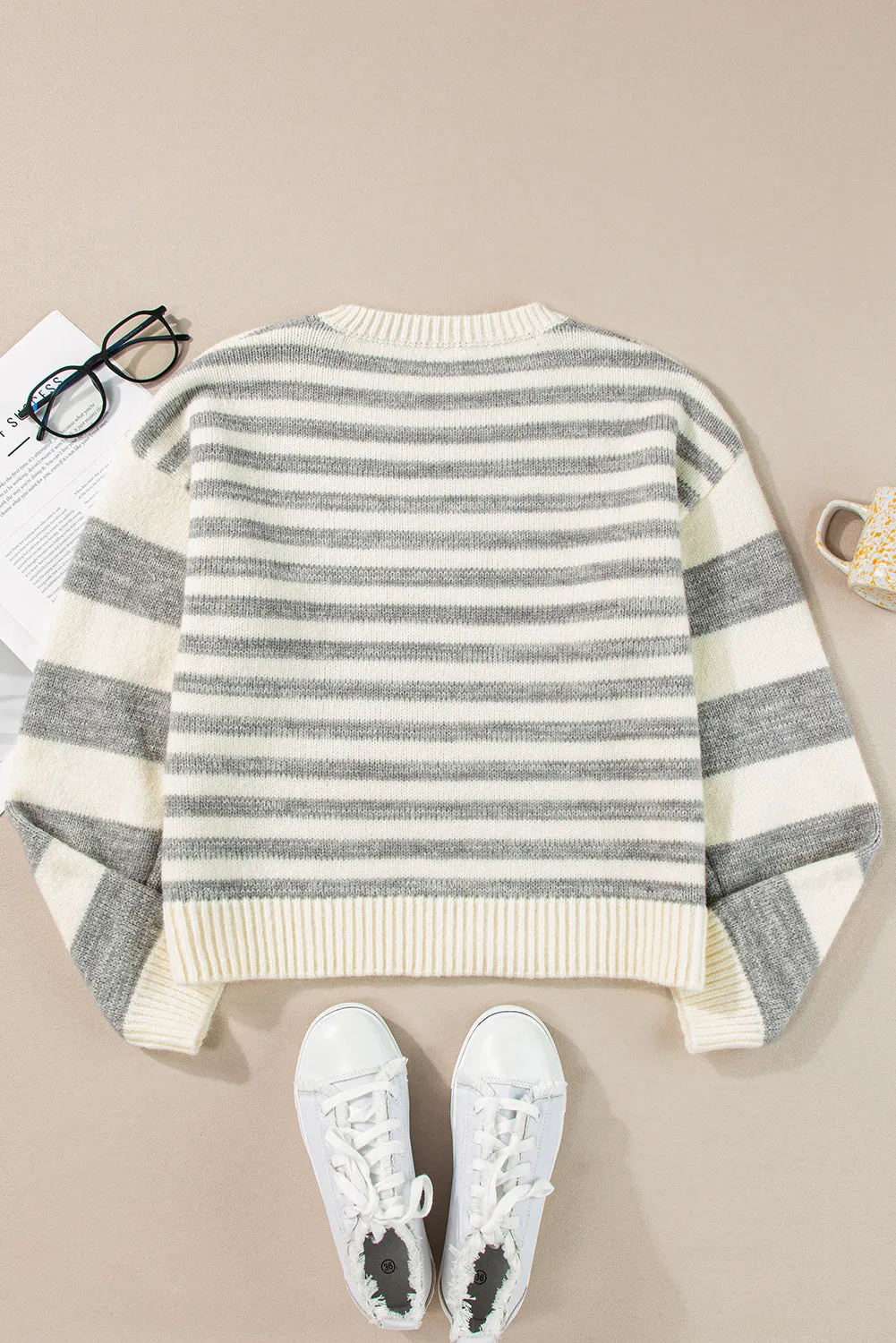 TEEK - Grey Striped Round Neck Dropped Shoulder Sweater