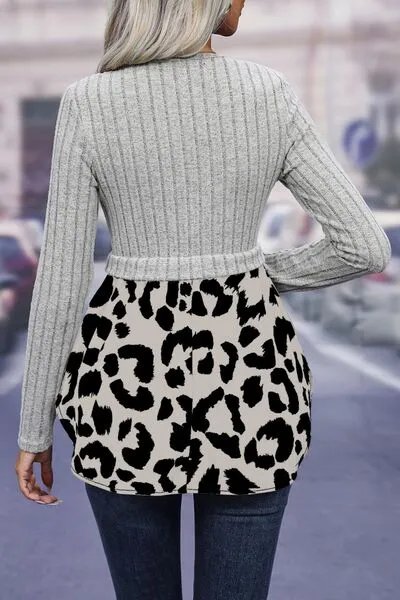 TEEK - Leopard Peplum Round Neck Blouse