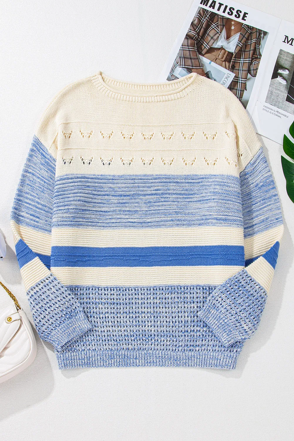 TEEK - Light Blue Contrast Round Neck Long Sleeve Sweater