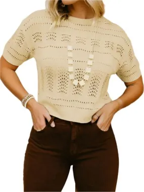 TEEK - Openwork Round Neck Short Sleeve Sweater