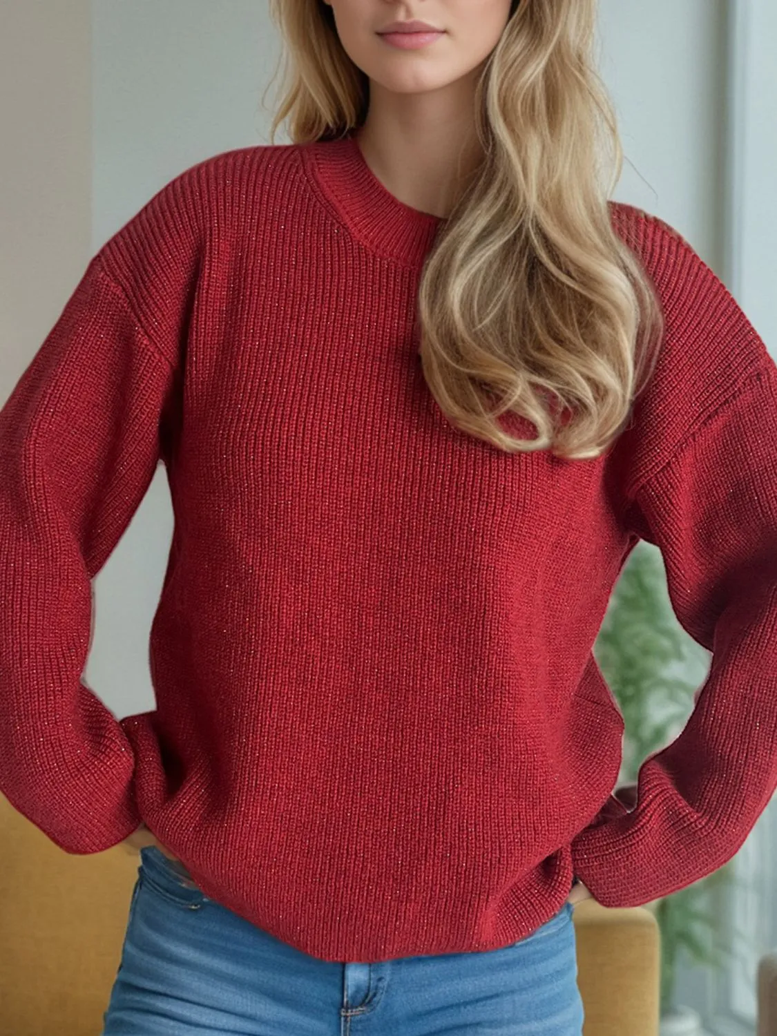 TEEK - Solid Color Round Neck Long Sleeve Sweater