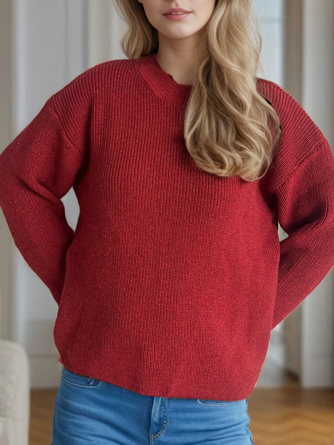 TEEK - Solid Color Round Neck Long Sleeve Sweater