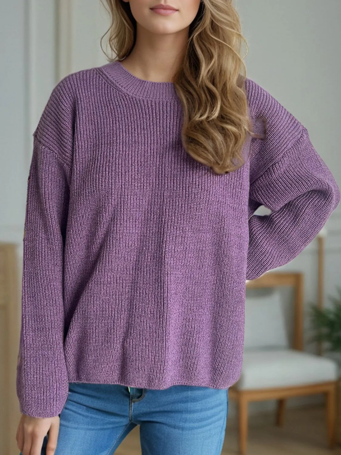 TEEK - Solid Color Round Neck Long Sleeve Sweater