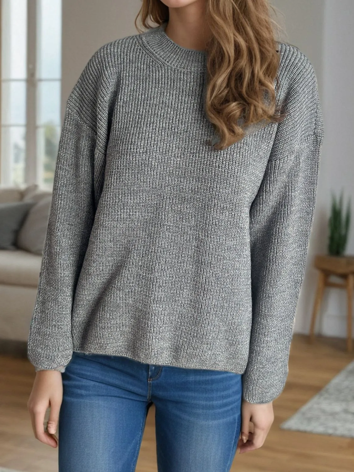 TEEK - Solid Color Round Neck Long Sleeve Sweater