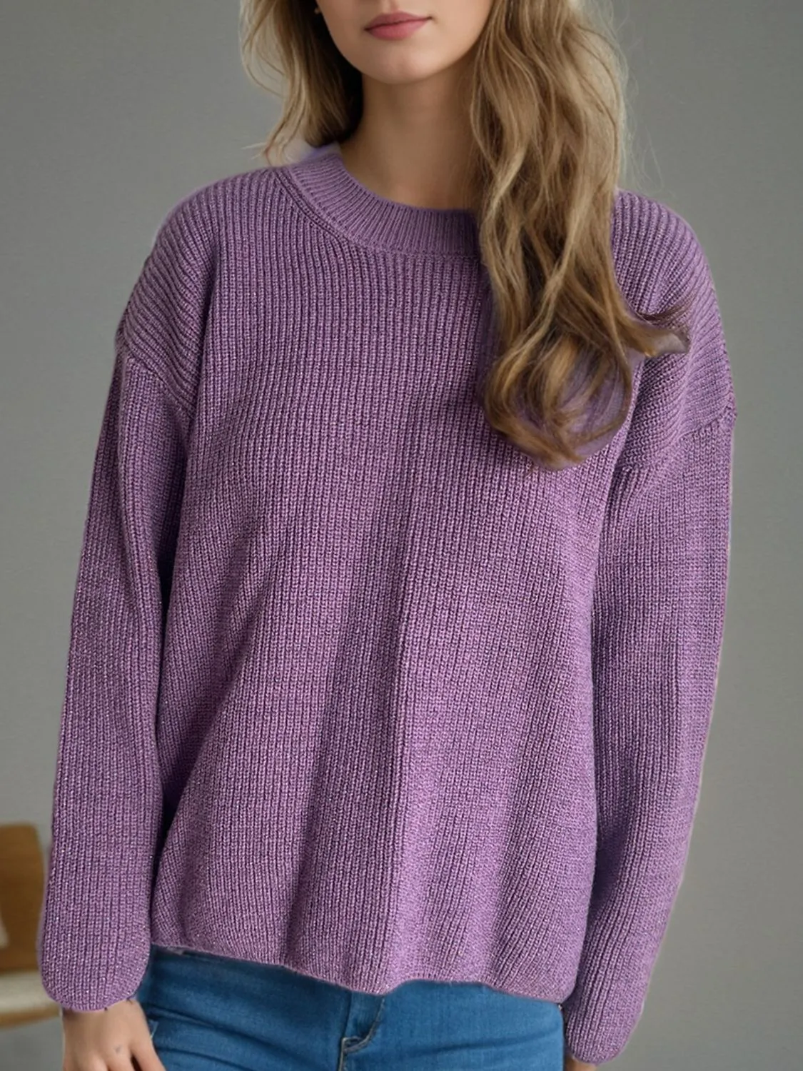 TEEK - Solid Color Round Neck Long Sleeve Sweater