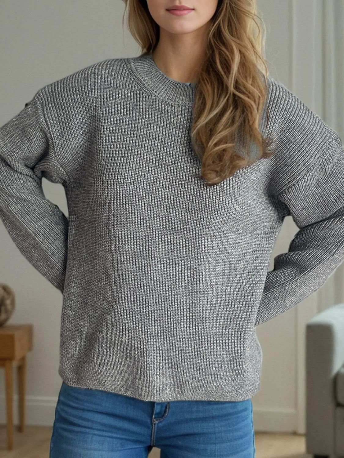 TEEK - Solid Color Round Neck Long Sleeve Sweater