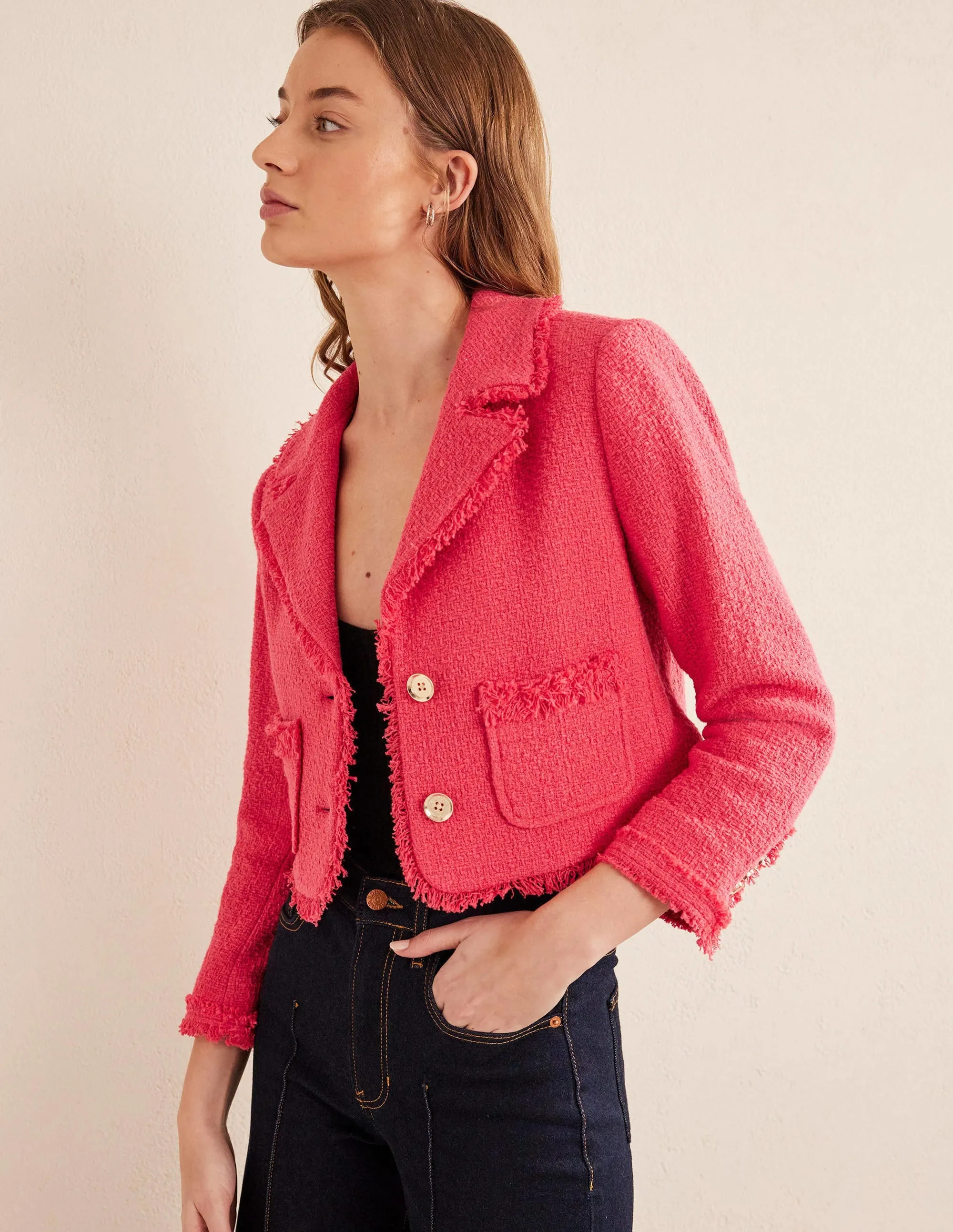 Textured Fitted Cropped Jacket-Coral