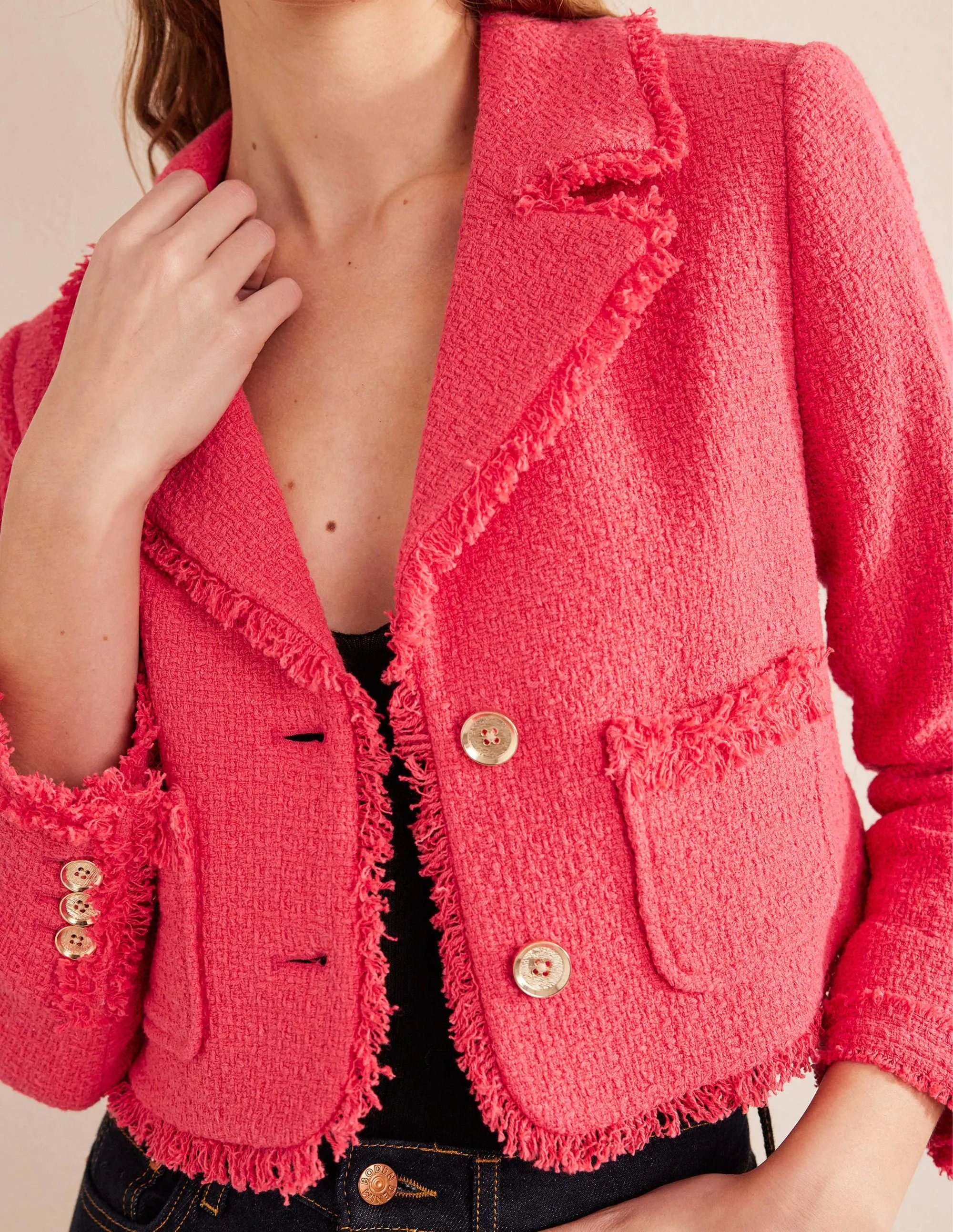 Textured Fitted Cropped Jacket-Coral