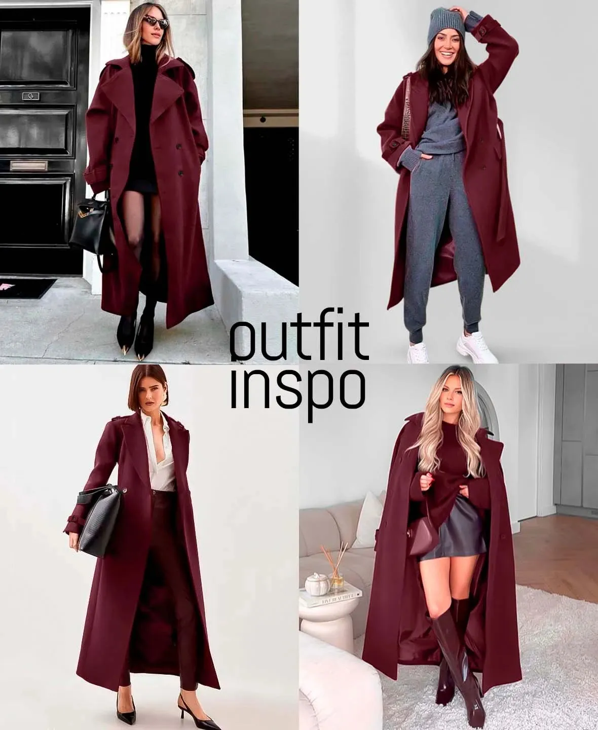 Trendy Faux Wool Burgundy Trench Coat