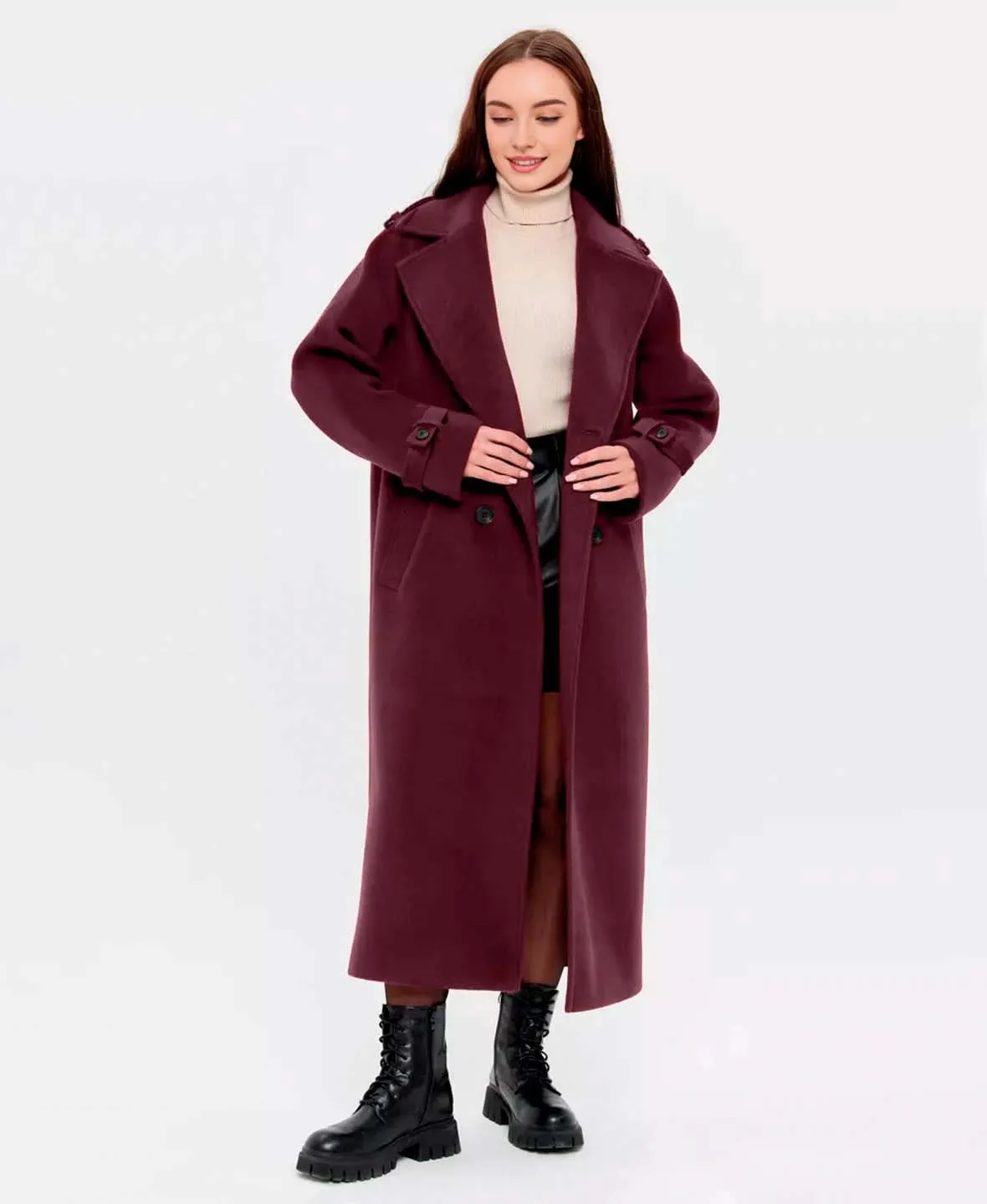 Trendy Faux Wool Burgundy Trench Coat