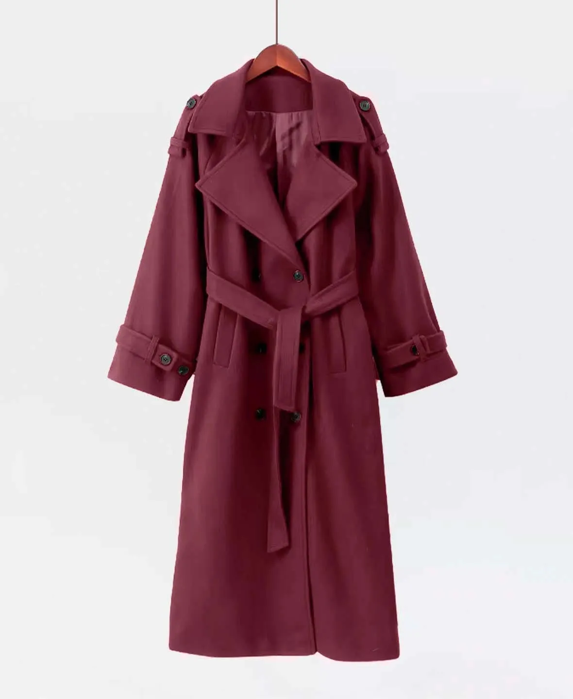 Trendy Faux Wool Burgundy Trench Coat