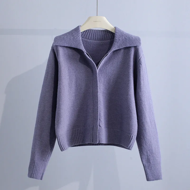 Trendy Women's Loose Retro Lapel Zipper Sweater – Chic & Comfortable