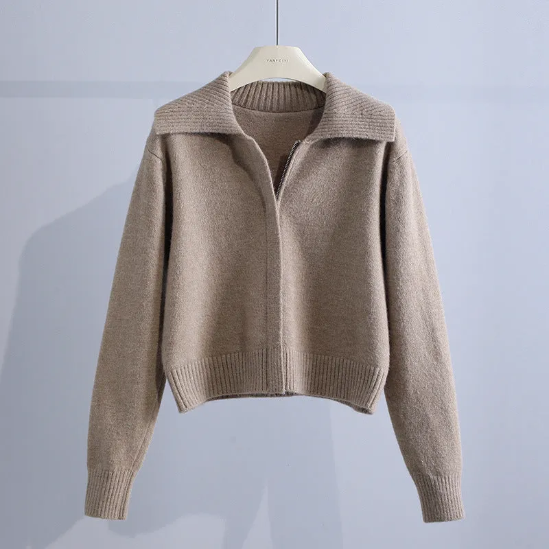 Trendy Women's Loose Retro Lapel Zipper Sweater – Chic & Comfortable