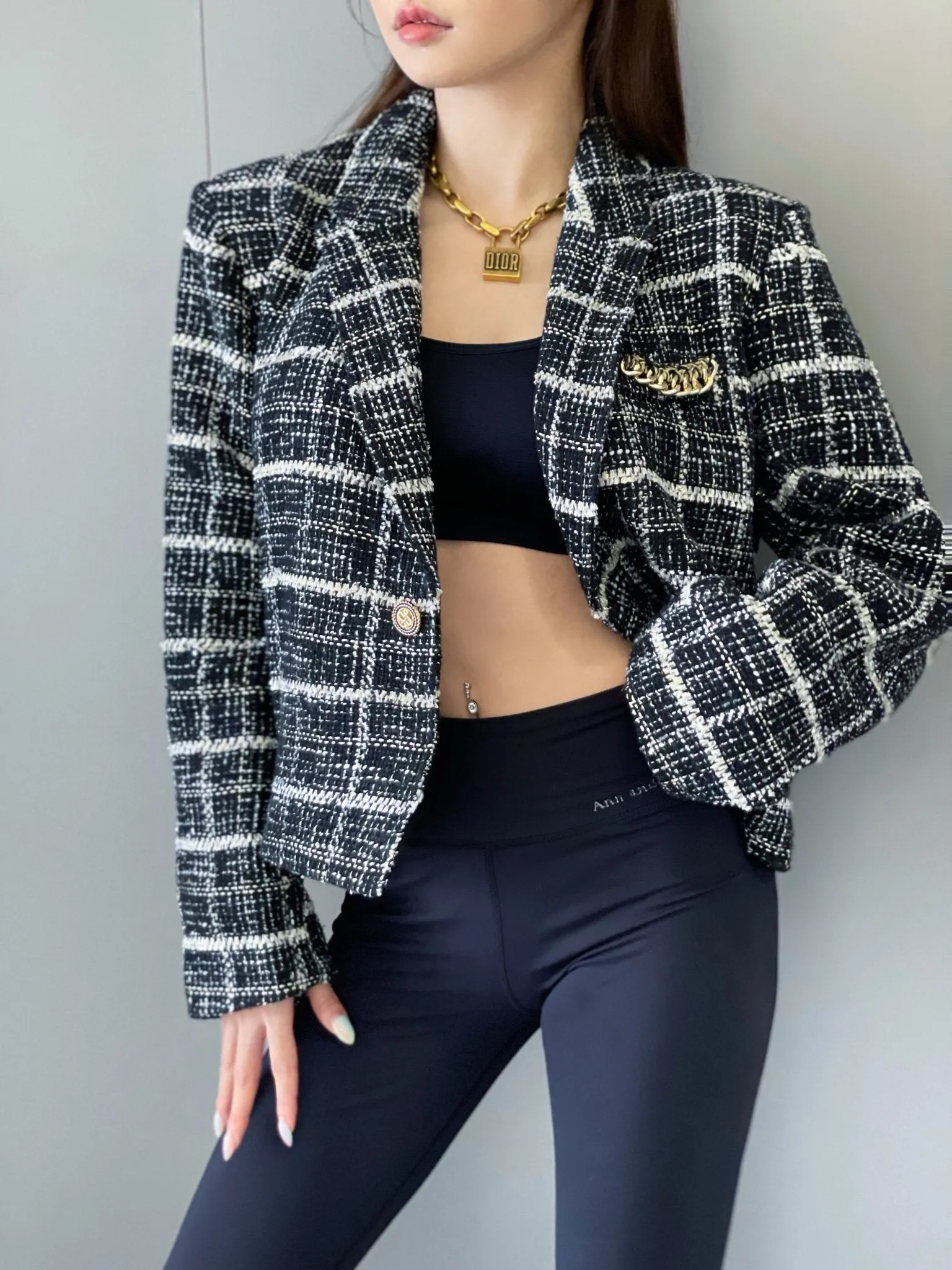 Tweed Cropped Blazer Jacket Black