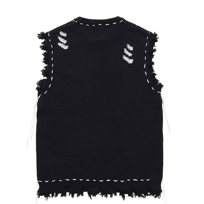 US SALE of Aesthetic Tattered Fringed Knitted Vest / Oversized Sleeveless Sweater