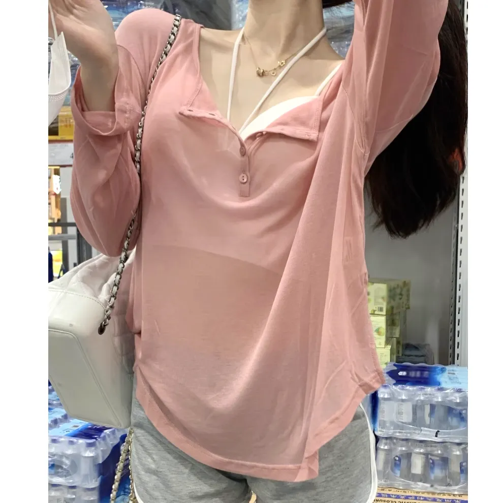 V-Neck Button Loose Long-Sleeved T-Shirt Vest Set