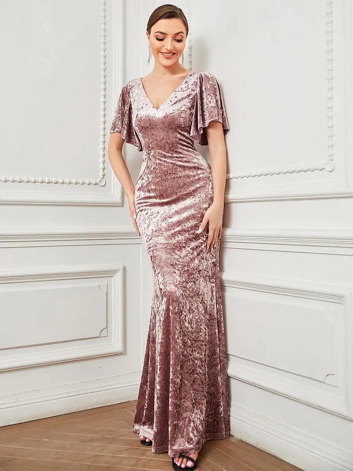 Velvet Short Sleeve Floor-Length Bodycon Fishtail Evening Dress