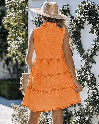 Vibrant Orange Denim Dress for Women Sleeveless Babydoll Button Down Short Jean Dresses Cute Summer