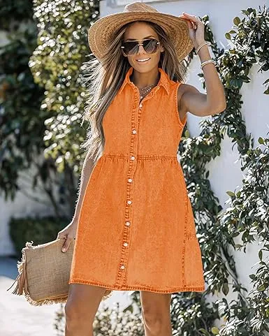 Vibrant Orange Denim Dress for Women Sleeveless Babydoll Button Down Short Jean Dresses Cute Summer