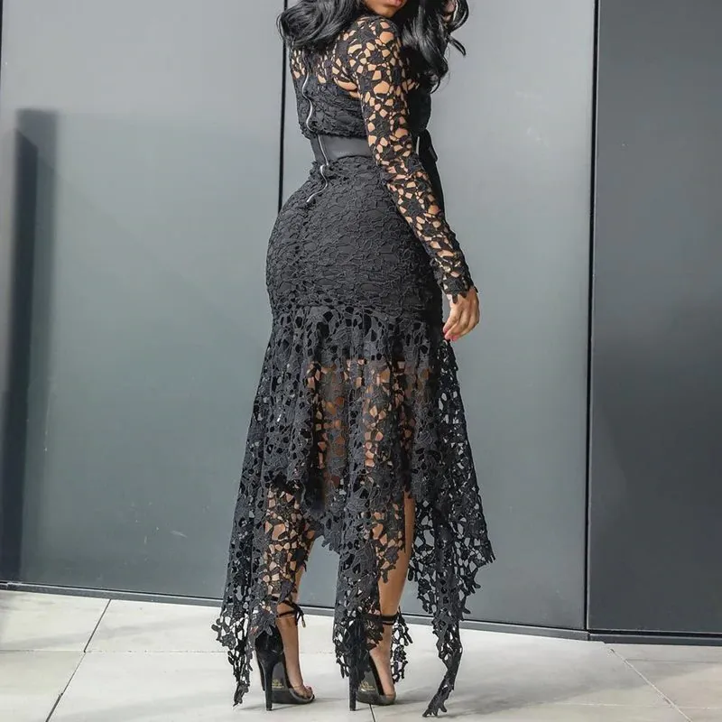 Vintage Party Lace Long Dress  Women Hollow Body con Maxi Dress