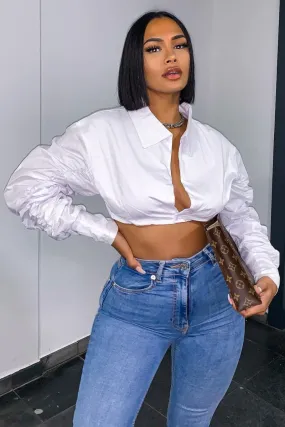 White Long Puff Ruched Sleeve Crop Top