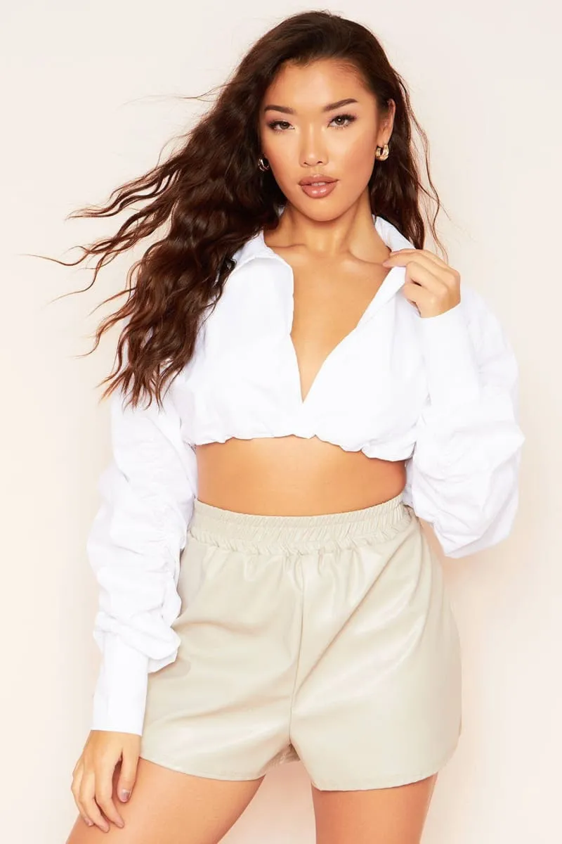 White Long Puff Ruched Sleeve Crop Top