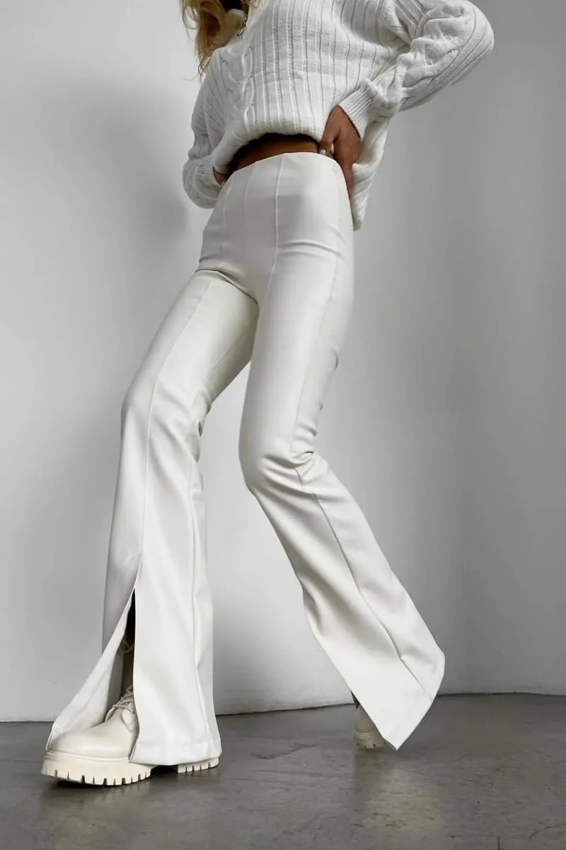 White Split Hem Flare Leather Pants