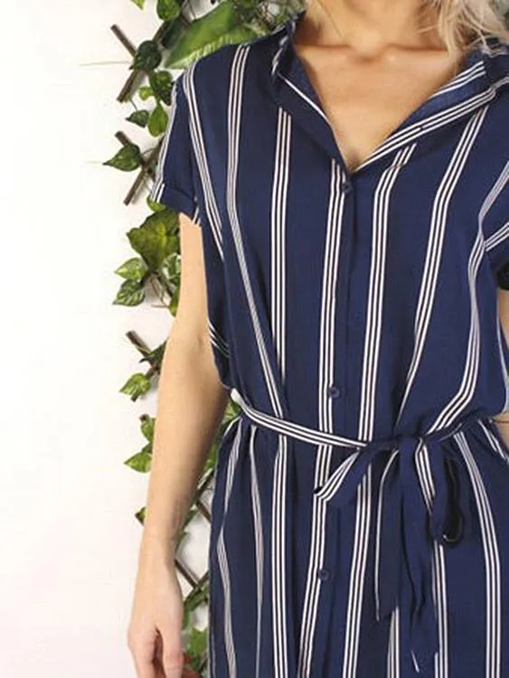 Wholesale Navy Perkins Collar Long Sleeve Stripe Curved Hem Shirt Dress