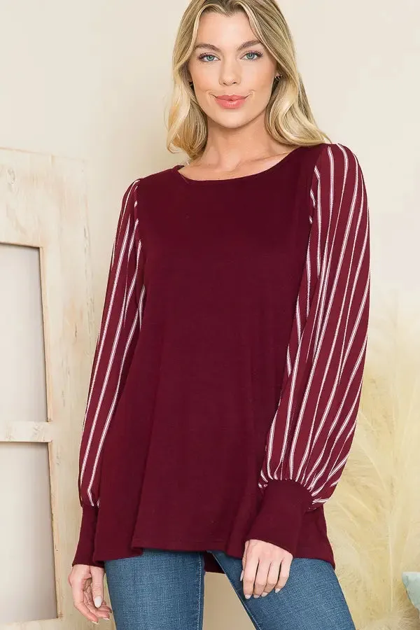 Wine Stripe Puff Sleeve Sweater