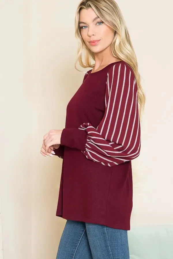 Wine Stripe Puff Sleeve Sweater