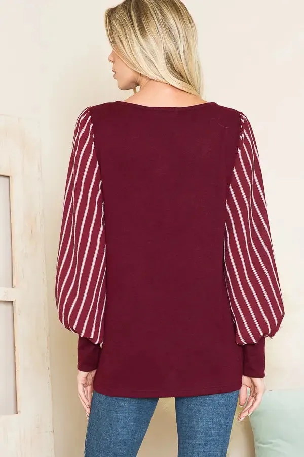 Wine Stripe Puff Sleeve Sweater