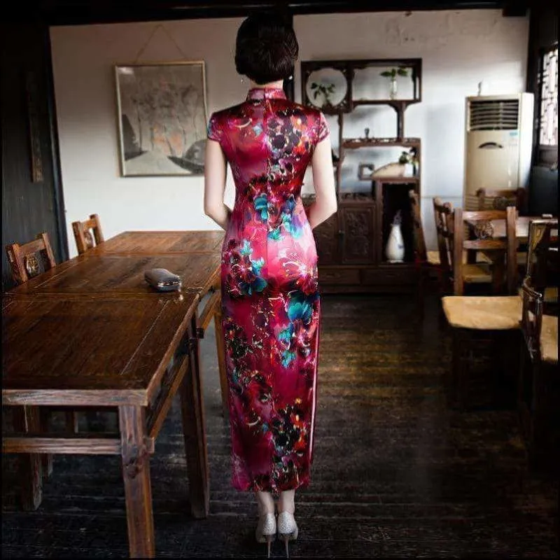 Winnal Real Silk Ankle-Length Cheongsam Midi Dress Bodycon Chinese Qipao Dress