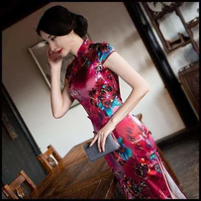 Winnal Real Silk Ankle-Length Cheongsam Midi Dress Bodycon Chinese Qipao Dress