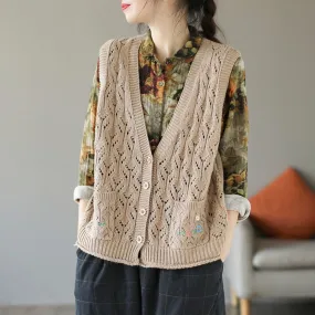 Women Autumn Retro Embroidery Hollow Knitted Vest