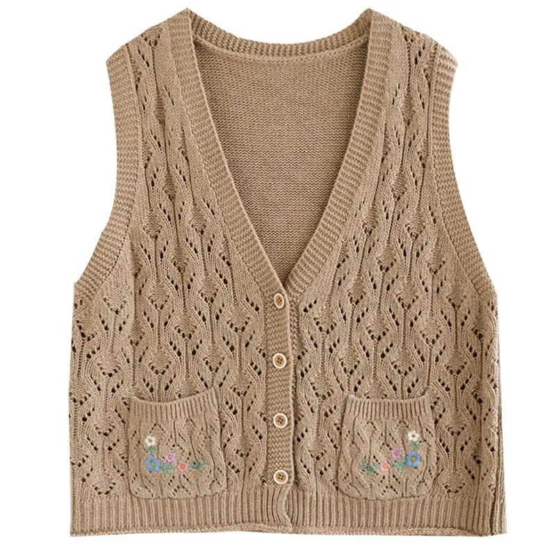 Women Autumn Retro Embroidery Hollow Knitted Vest