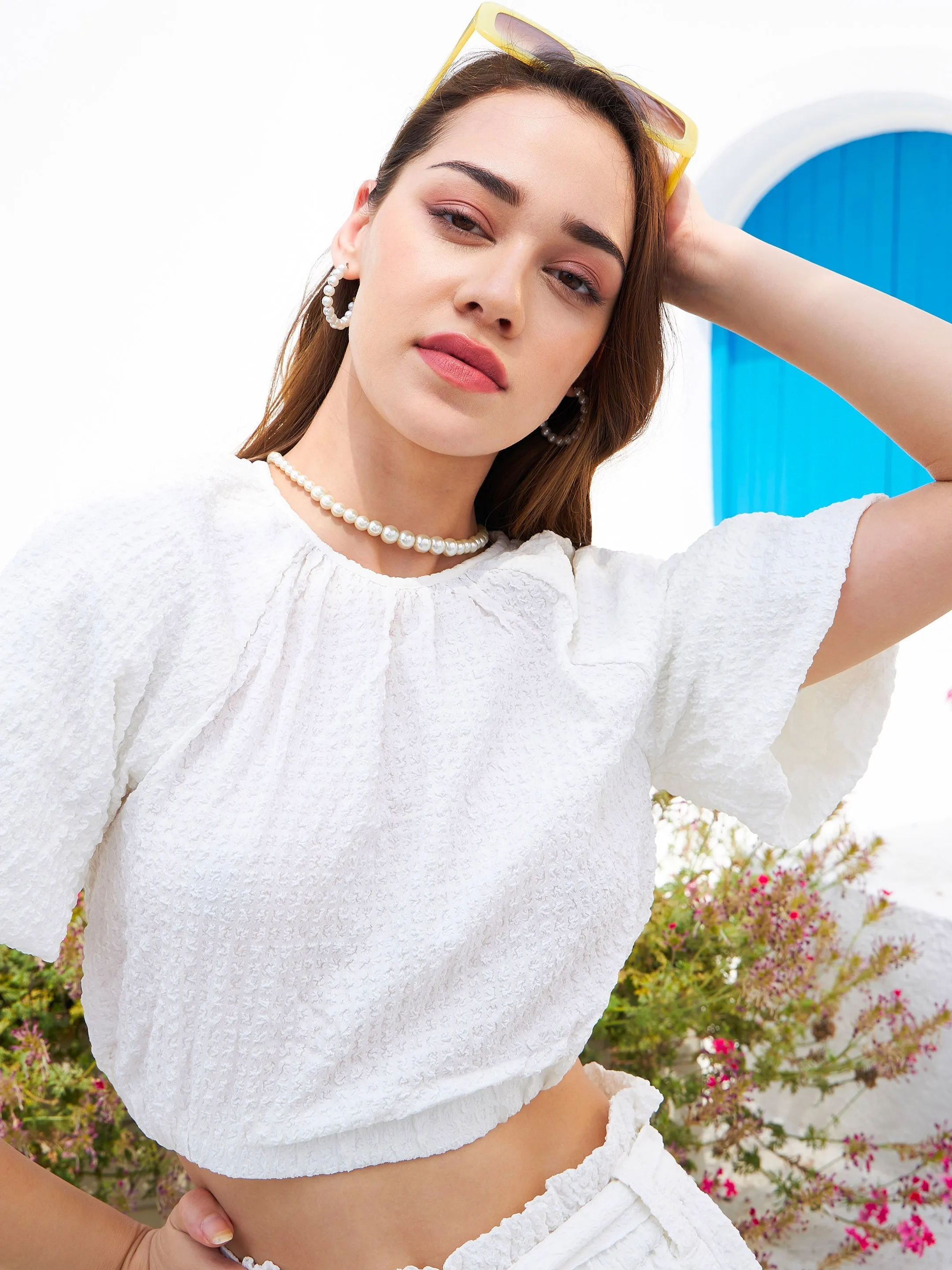 Women White Seersucker Crop Top With Paper Bag Shorts