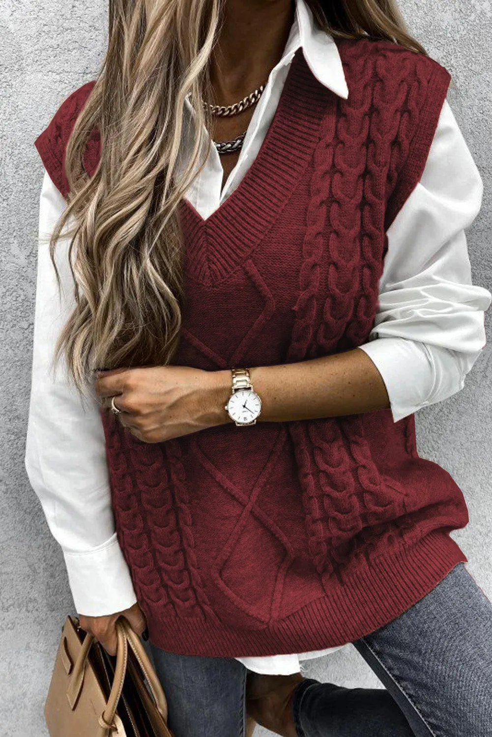 Women Wine Red Sleeveless Cable Knit Warm Sweater Vest