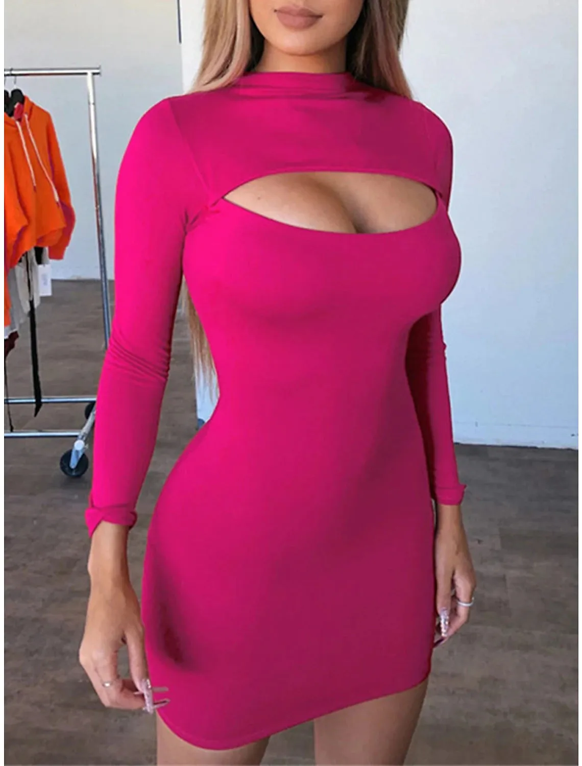 Women‘s Little Black Dress Sexy Dress Party Dress Bodycon Mini Dress Red Rose Long Sleeve Cut Out Fall Winter Autumn Crew Neck Fashion Winter Dress Vacation