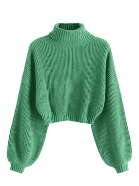 ZAFUL Women's Cropped Turtleneck Sweater Lantern Sleeve Ribbed Knit Pullover Sweater Jumper (2-Sea Green, M)